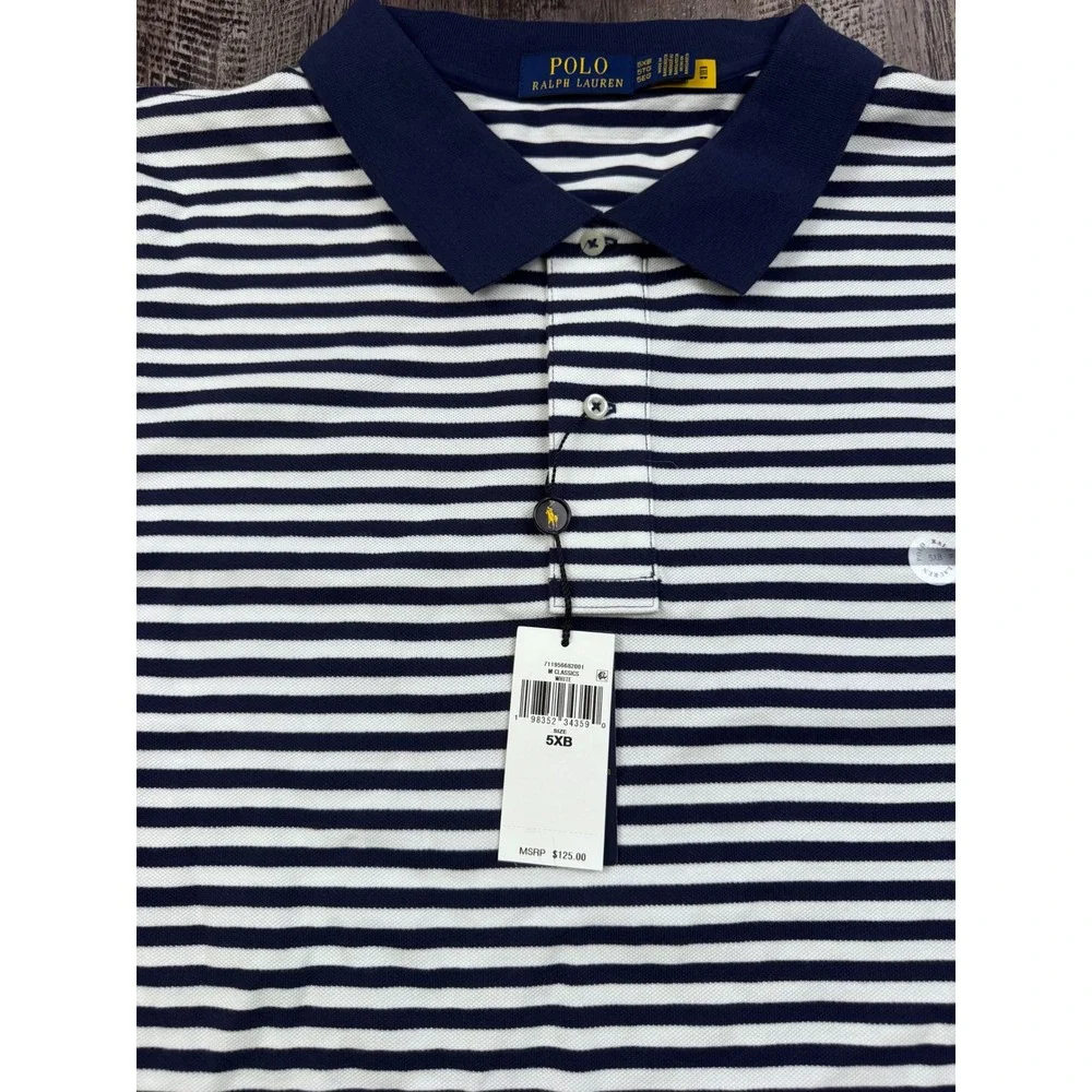 Polo Ralph Lauren Mens 5XB Big & Tall Striped Polo Shirt Navy White 711956682001
